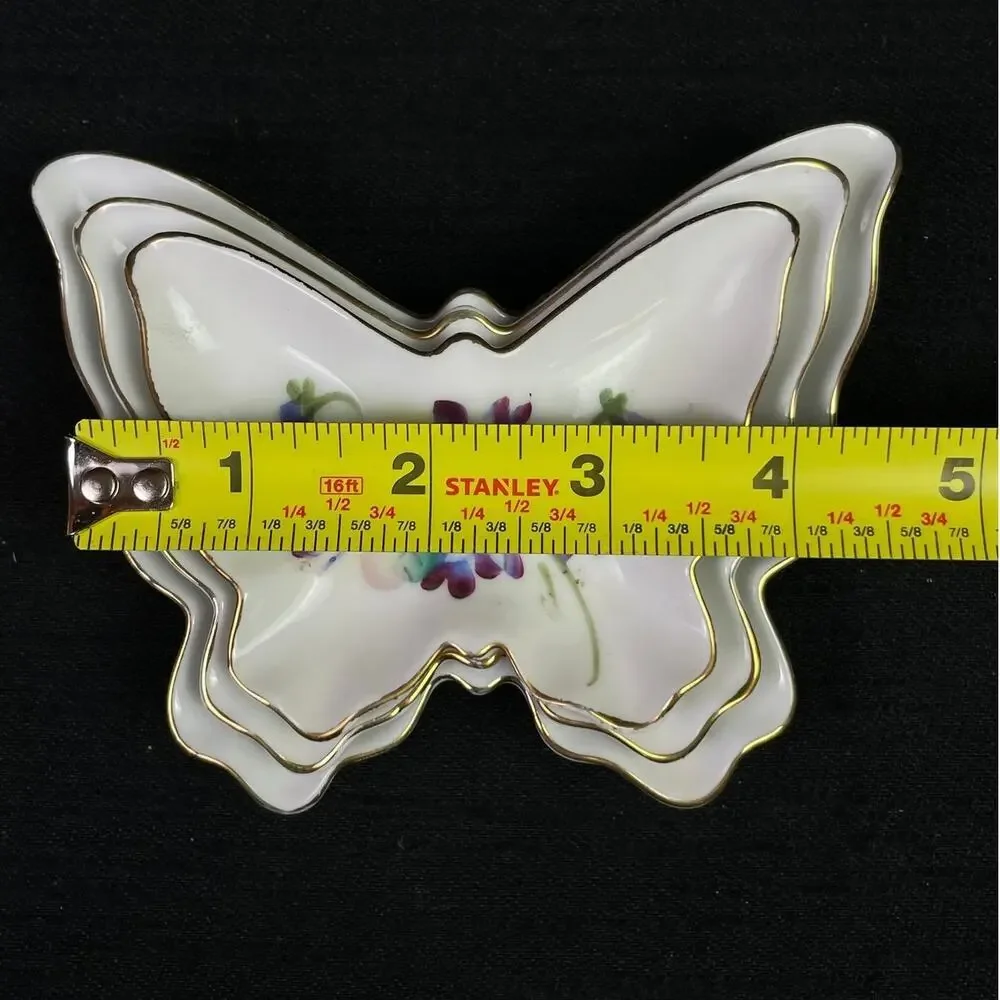 Vintage Butterfly Trinket Dishes Set of 3 Gold Trim Floral Porcelain